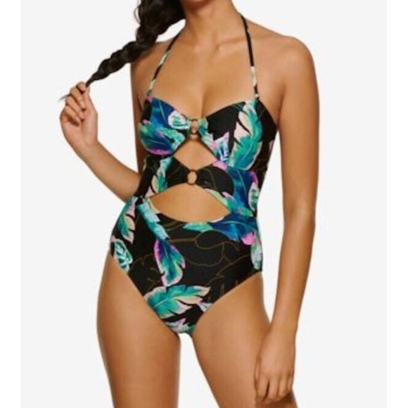 Hula Honey Twisted Palms Printed Black  One Piece Swimsuit NEW Juniors XL - Picture 1 of 4